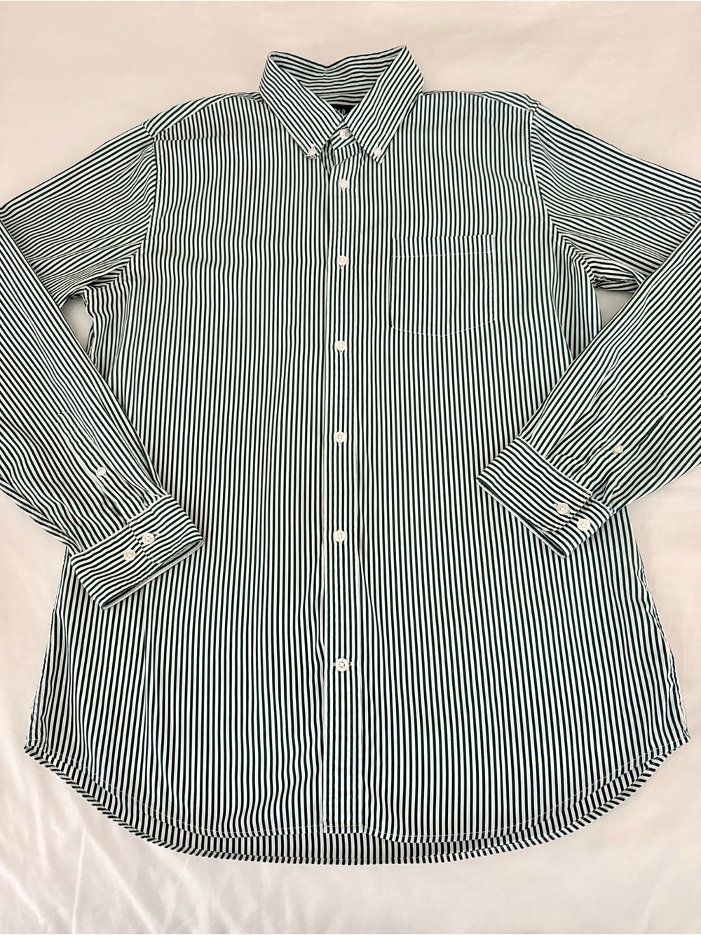 Gap Men’s Dark Green White Striped Button Down Shirt Organic Cotton Size L Tall